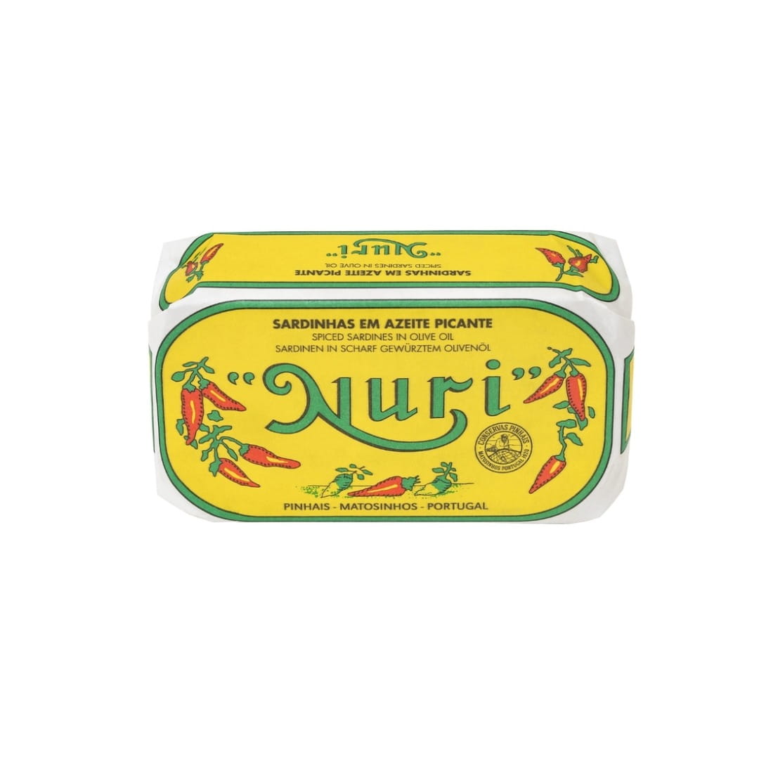 Tin of Nuri sardines in spicy olive oil on a white background