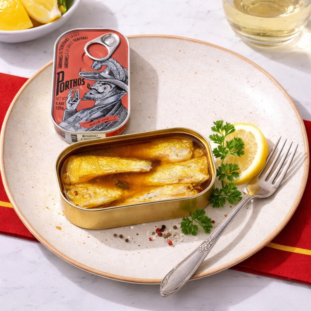 Open can of sardines on a plate with lemon and parsley, next to a PortHos can opener.
