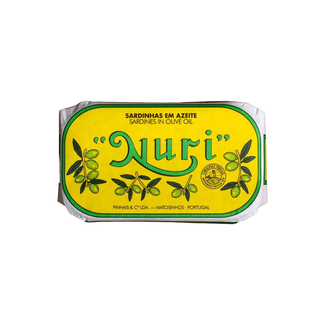 Nuri sardine can packaging with yellow label and green text on a white background
