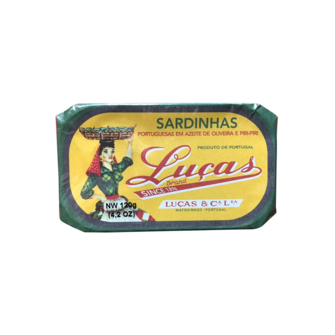 Packaged sardines piri piri with Lucas brand label on a white background