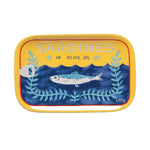 stoneware plate with fish illustration and text on a white background