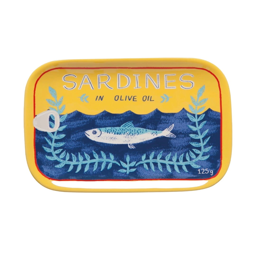 stoneware plate with fish illustration and text on a white background