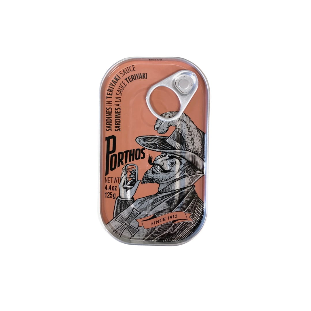 Porthos sardine can on a white background