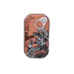Porthos sardine can on a white background