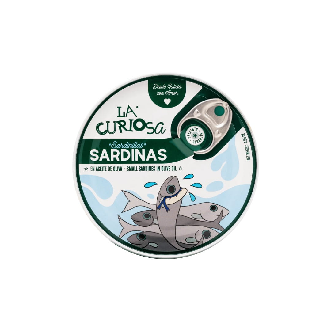 Tin of La Curiosa sardines on a white background