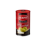 Serpis olives stuffed with cheese can with red label on a white background