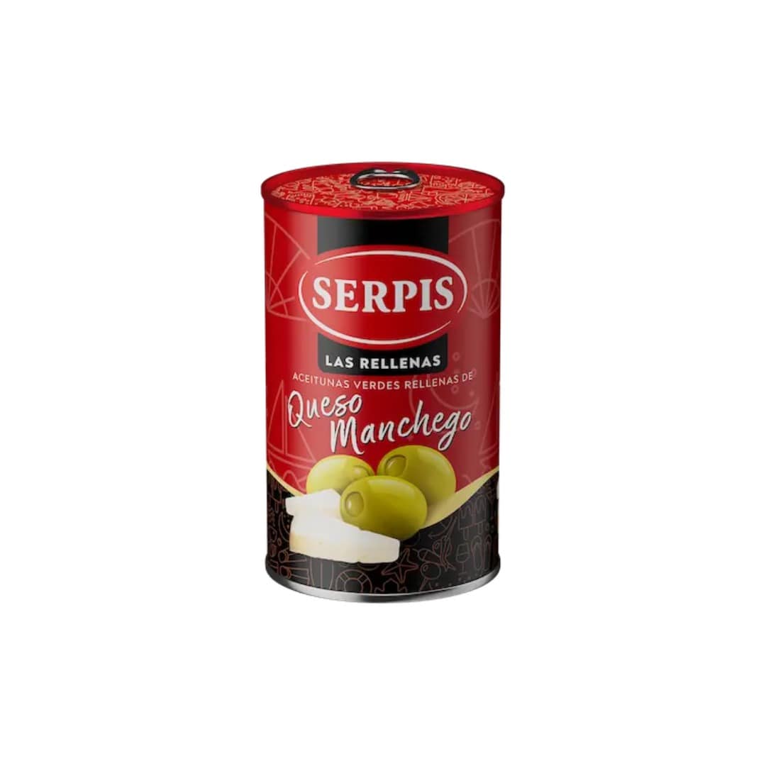 Serpis olives stuffed with cheese can with red label on a white background