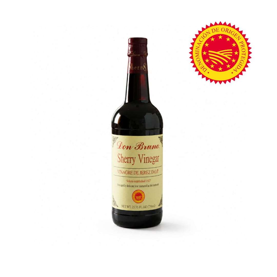 Bottle of Don Bruno Sherry Vinegar with a PDO seal on a white background