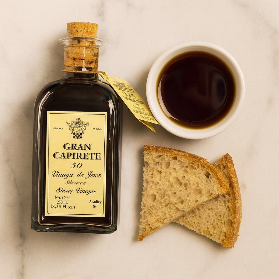 Bottle of Gran Capirete sherry vinegar with a cup of dark liquid and bread slices on a light background