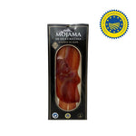Packaged mojama with a black background and certification logo.