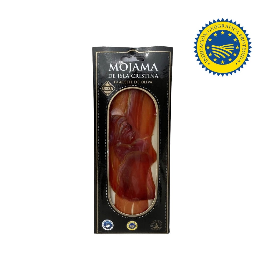 Packaged mojama with a black background and certification logo.