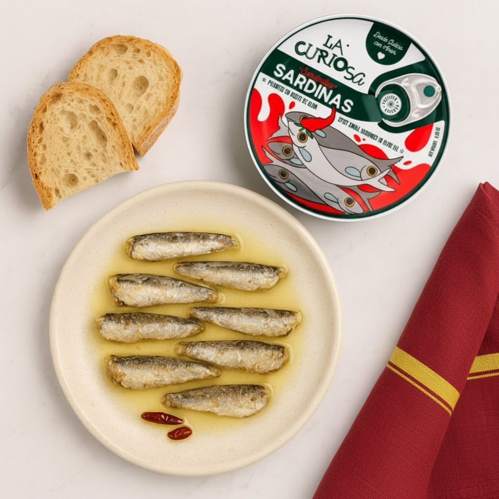 Sardines on a plate with bread and a can of sardines labeled 'La Curiosa' on a light background.