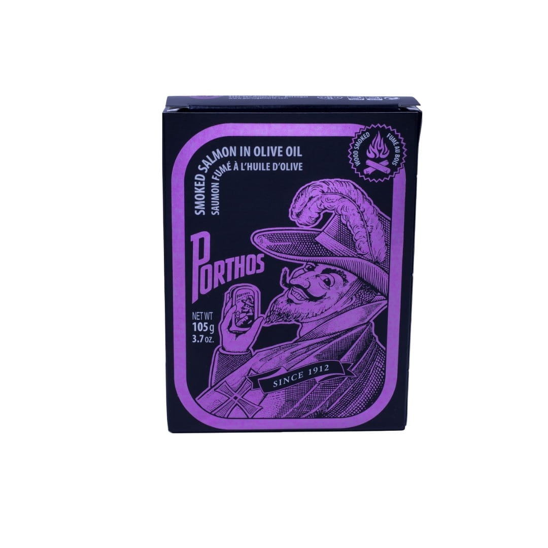 Black and purple packaging of Porthos salmon in olive oil with a vintage illustration on a white background.