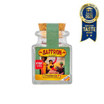 Saffron bottle with colorful label and International Taste Institute award badge on a white background