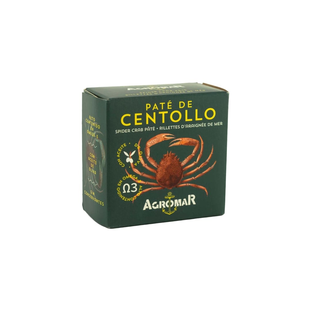 Green box of Agromar Pate de Centollo with a spider crab illustration on a white background