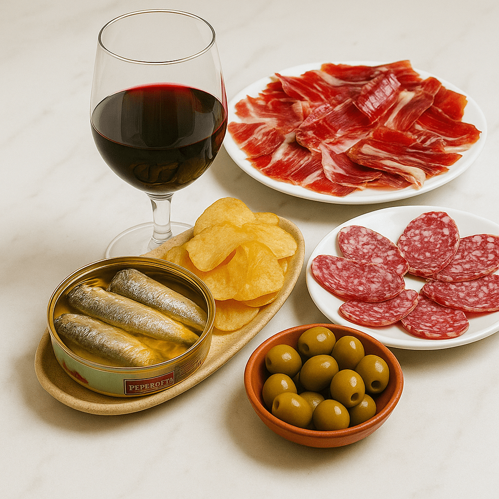 Assorted tapas including cured meats, olives, and a glass of red wine on a light surface.