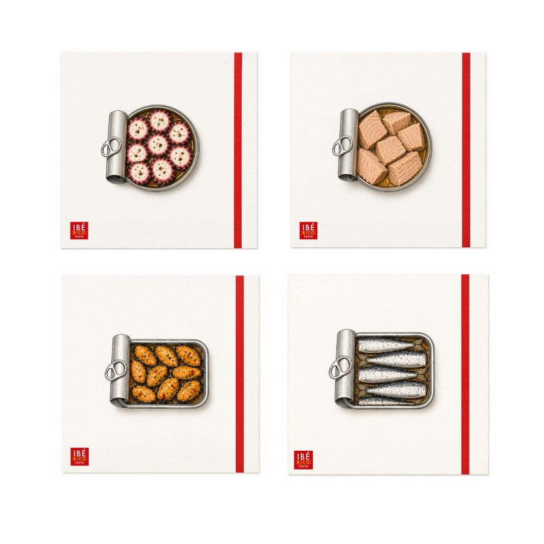 Four paper napkins with food items on a white background
