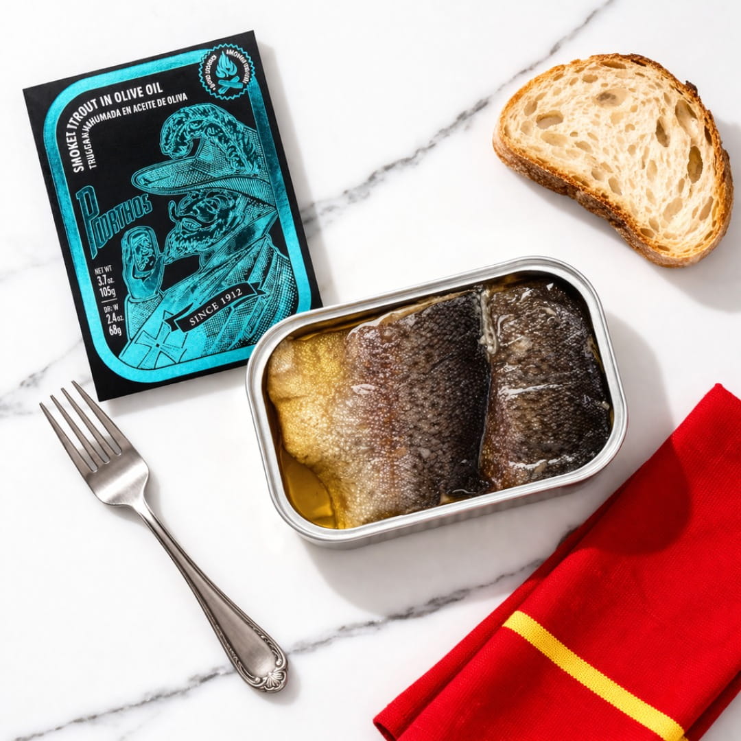 Tin of smoked trout with olive oil, packaging, bread, and fork on a marble surface