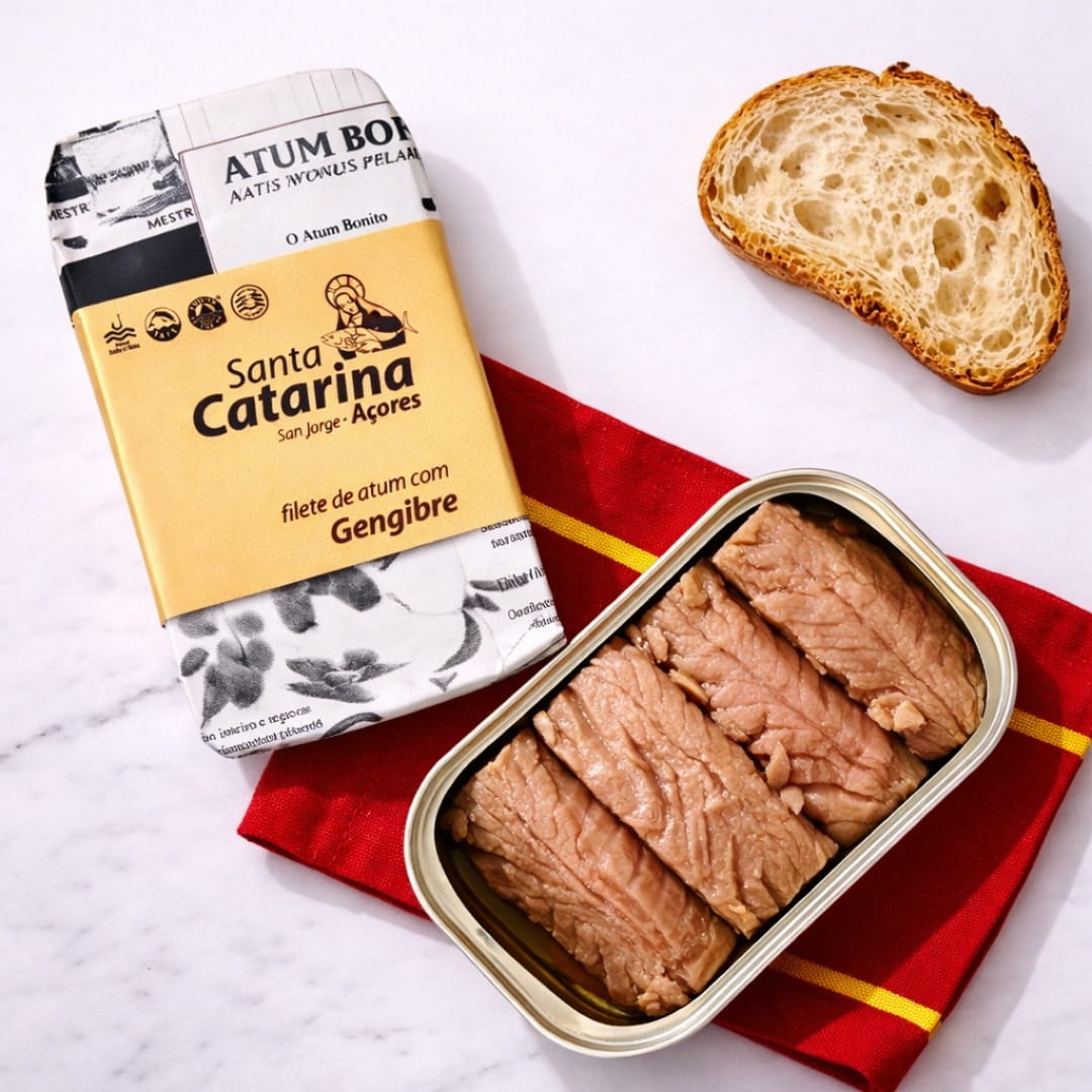 Tin of Santa Catarina tuna with ginger with packaging and bread on a red cloth