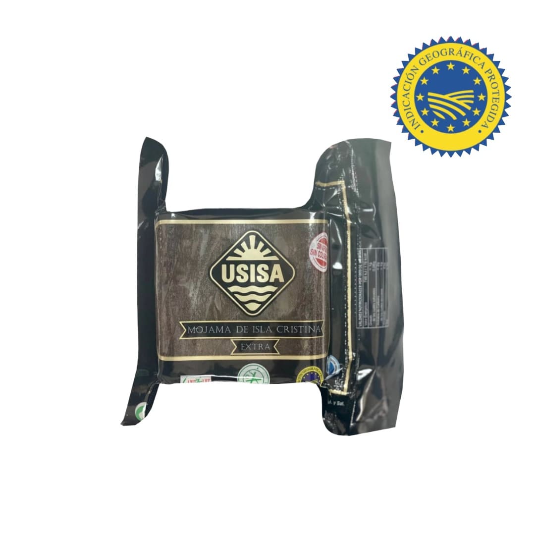 Packaged mojama by USISA and a certification logo on a white background
