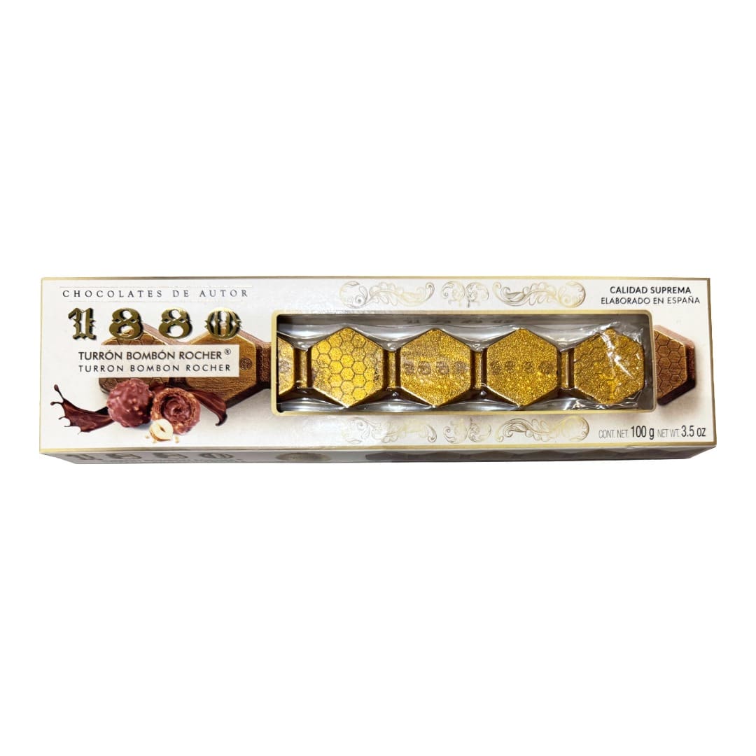 Box of Turron Bomón Rocher with gold hexagonal shapes on a white background