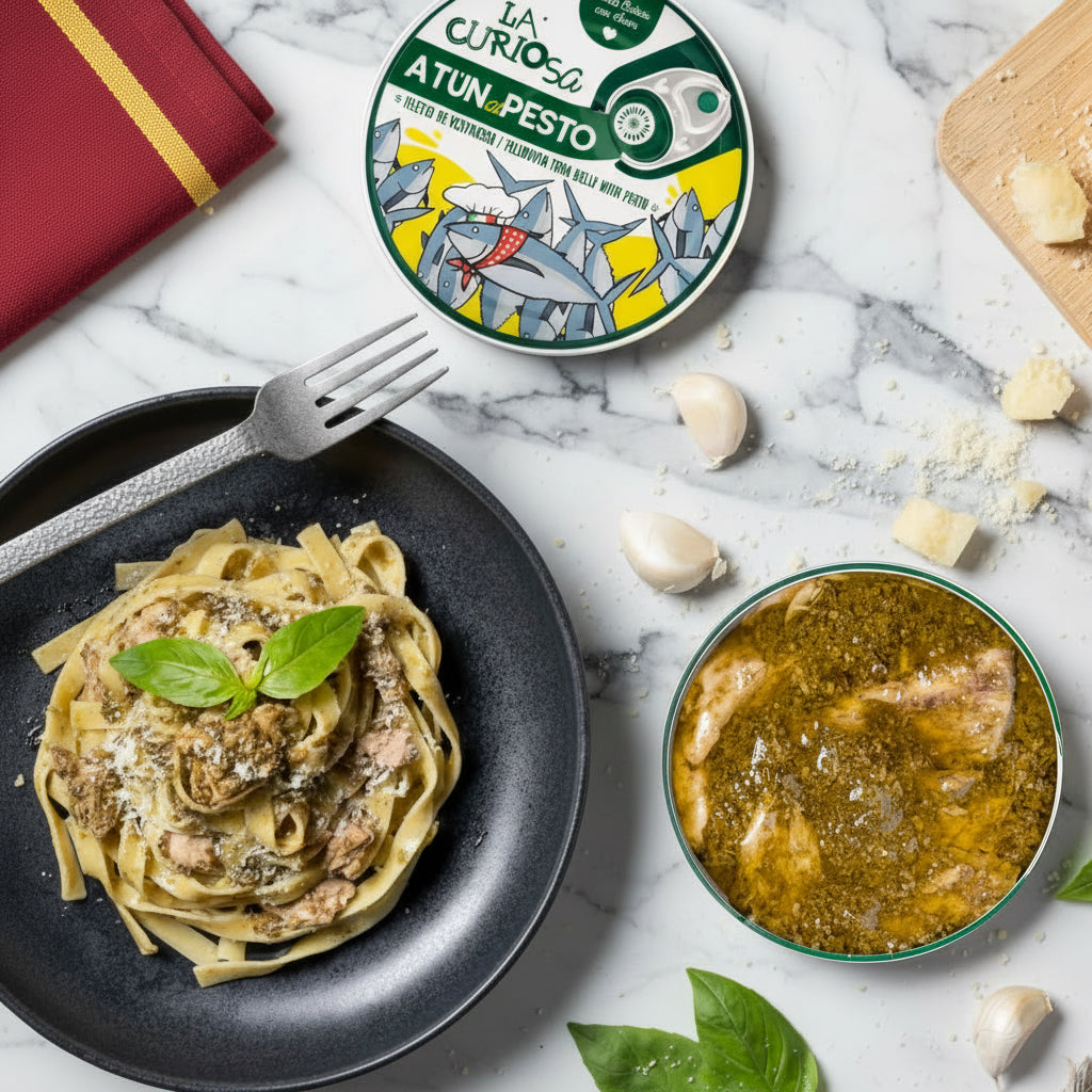 Pasta dish with pesto, a bowl of soup, and a container of La Curiosa Atun de Pesto on a wooden table.