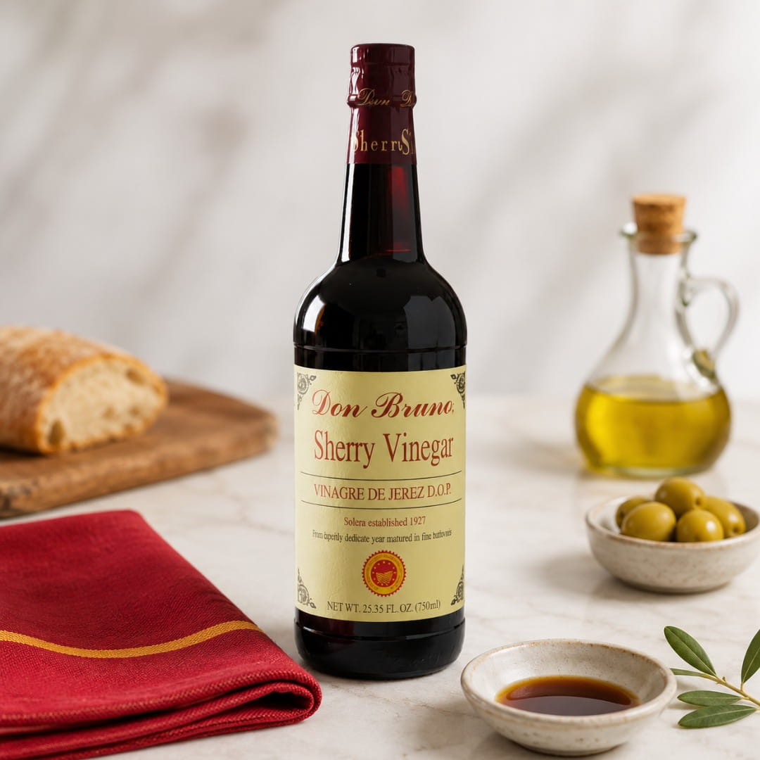 Bottle of Don Bruno Sherry Vinegar on a table with bread, oil, and olives.