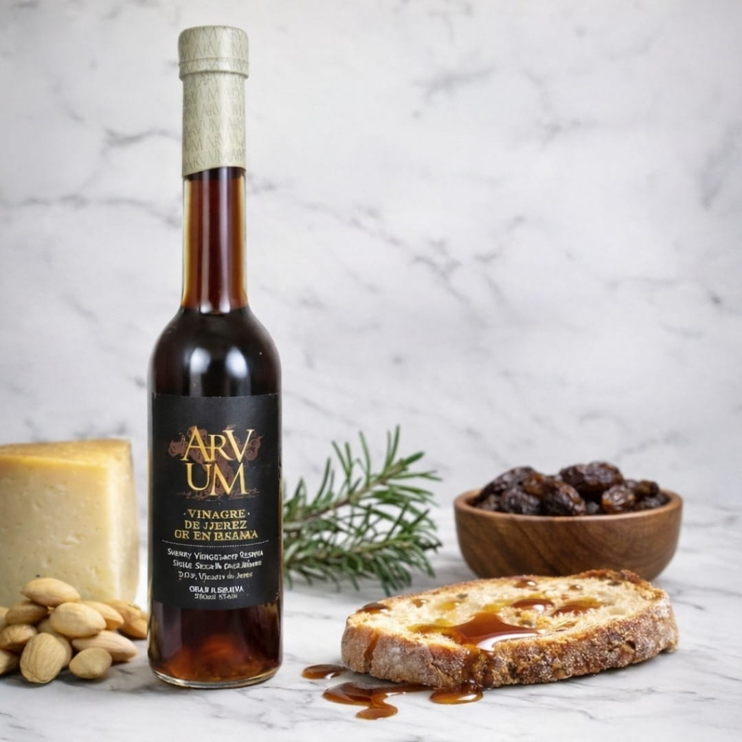 Bottle of Arvum sherry vinegar with bread and raisins on a marble surface